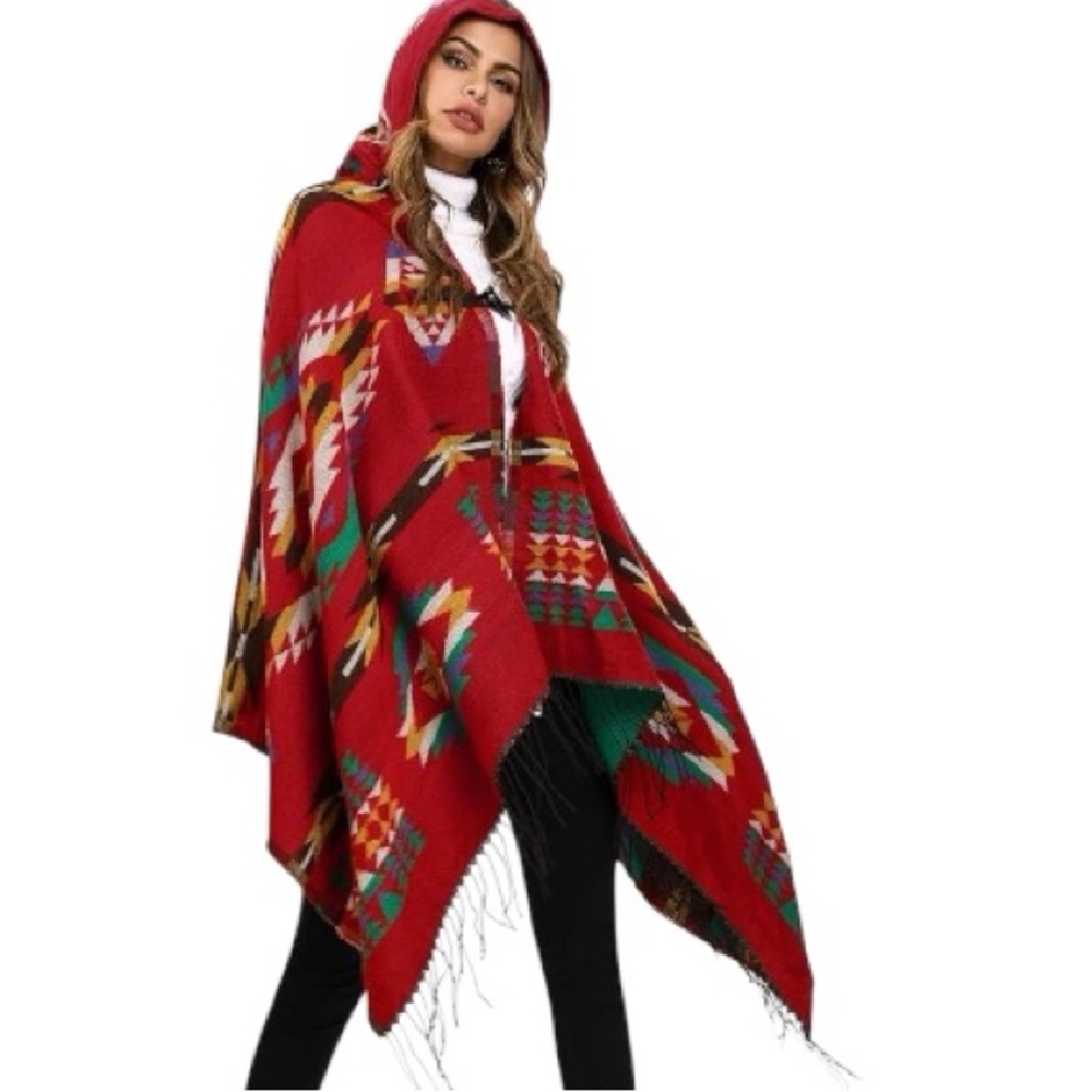 Futurino Women's Bohemian Native American Aztec Print Blanket Poncho Hoodie NWT